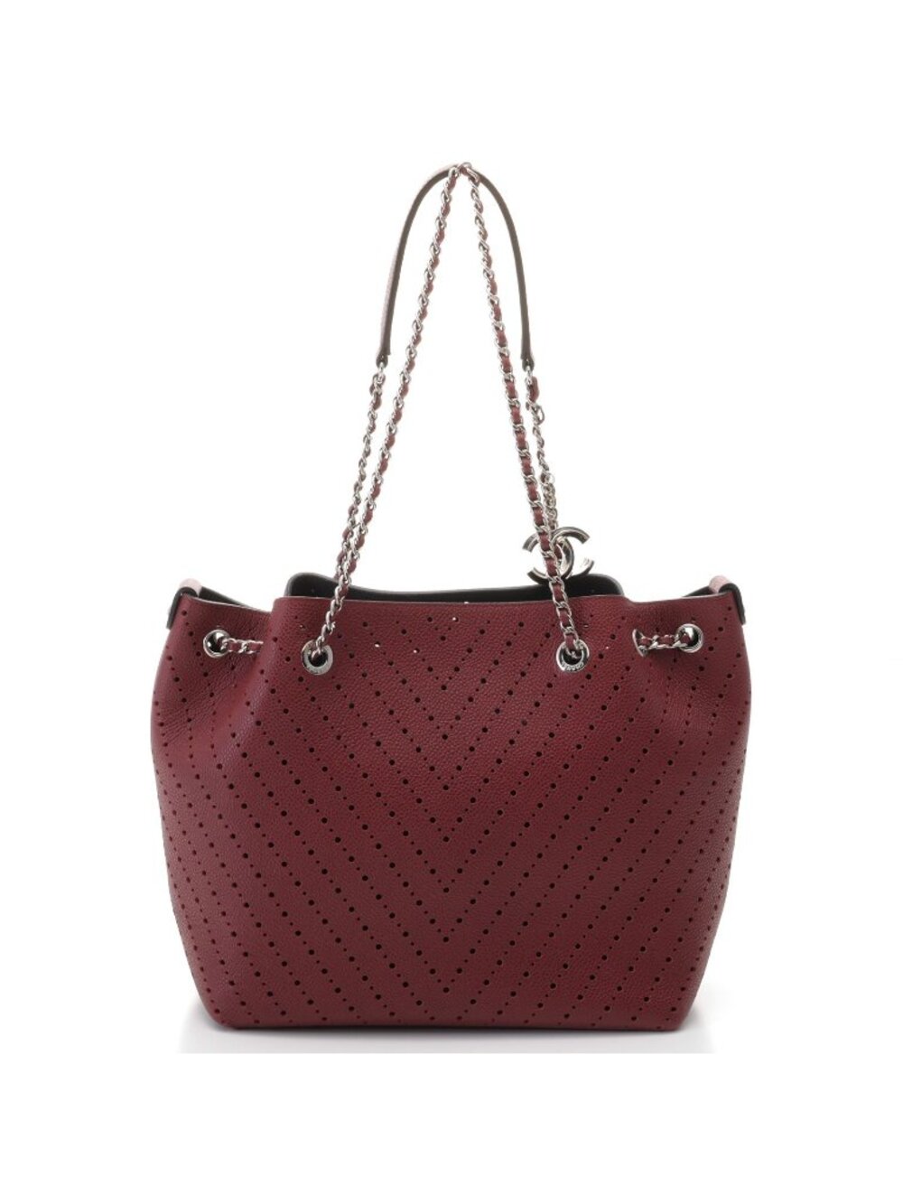 Chanel Perforated Chain Tote Bag Leather Bordeaux Silver